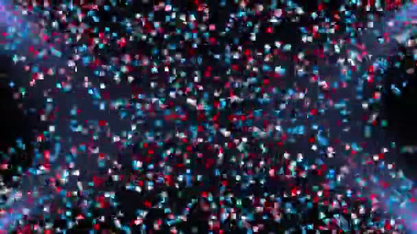 Partículas voladoras de colores en los rayos de luz, generadas por computadora. 3d renderizado de fondo festivo - Metraje, vídeo