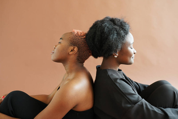 İki çekici Afrikalı kızın portresi sırt sırta oturup stüdyoda kahverengi arka plana bakıyorlar. - Fotoğraf, Görsel