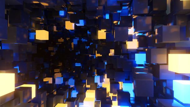 Абстрактний політ у футуристичному коридорі, безшовний цикл 4k фон, флуоресцентне ультрафіолетове світло, яскраві неонові кубики, геометричний нескінченний тунель, синьо-жовтий спектр, 3d ілюстрація
 - Фото, зображення