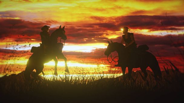 Kaksi cowboyta ratsastamassa upeassa auringonlaskussa villissä lännessä. Hevoset nousevat ylös. 3d kuva merkki sarjakuva animaatio - Valokuva, kuva