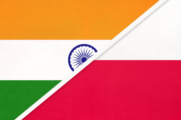India and Poland, symbol national flags from textile. Relationship, partnership and championship between two countries. - Valokuva, kuva