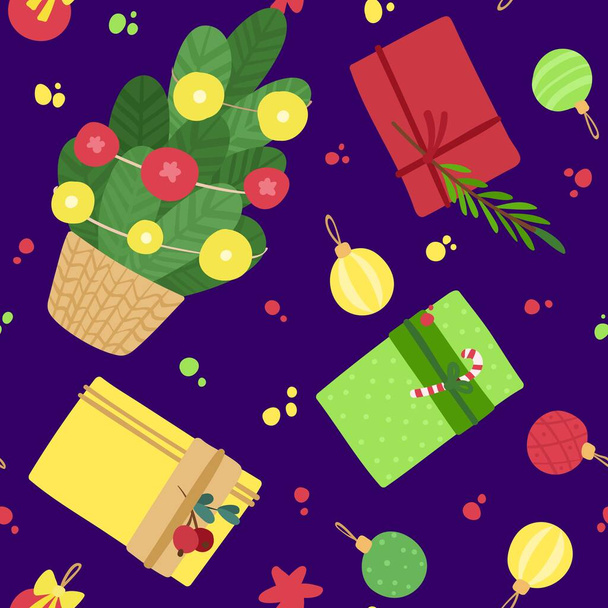 Vacaciones de Año Nuevo, patrón sin costuras vector fest. Árbol de Navidad, juguetes, regalos, estrellas sobre fondo azul oscuro. Banner de Navidad, fondo de pantalla de temporada de invierno, diseño de papel de embalaje - Vector, Imagen