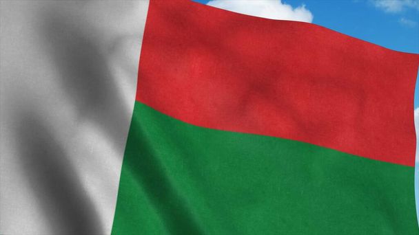 Прапор Мадагаскару розмахує вітром на синьому фоні неба. 3d рендеринг - Фото, зображення