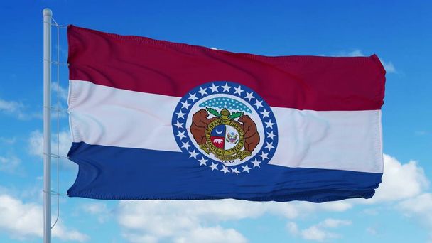 Drapeau du Missouri sur un mât de drapeau agitant dans le vent, fond bleu ciel. Rendu 3d - Photo, image
