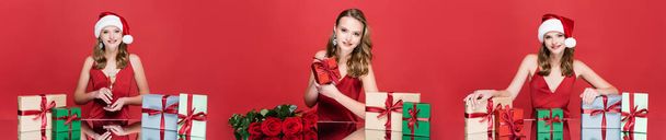 collage de femme au chapeau de Père Noël tenant une coupe de champagne près des cadeaux et des roses sur rouge - Photo, image