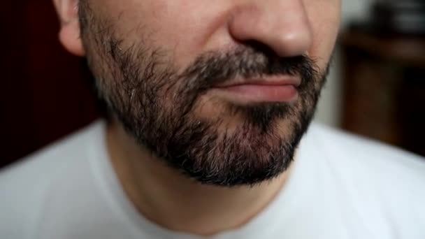 Close-up van een ongeschoren mannelijk gezicht. De man demonstreert zijn ongeschoren gezicht. - Video