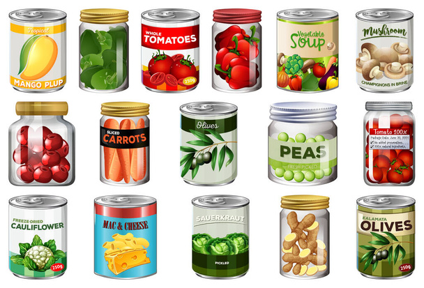 Conjunto de diferentes alimentos enlatados e alimentos em frascos ilustração isolada - Vetor, Imagem