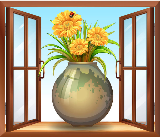 Pencere illüstrasyonuna yakın vazoda çiçek - Vektör, Görsel