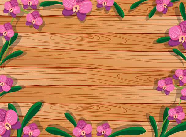 葉とピンクの蘭の要素を持つ空白の木製のテーブルのトップビューイラスト - ベクター画像