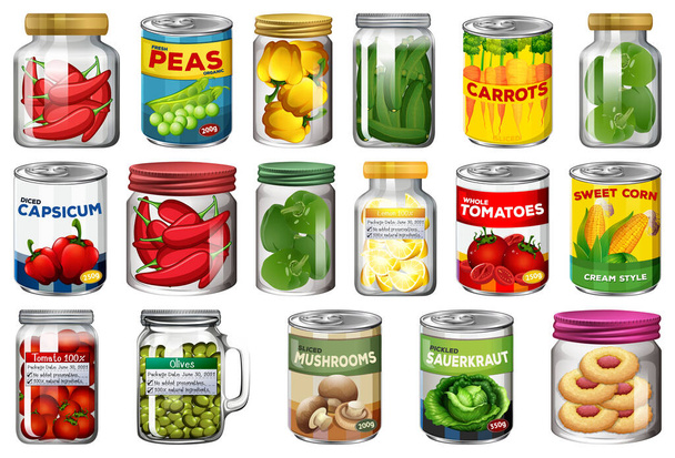 Σύνολο διαφόρων κονσερβοποιημένων τροφίμων και τροφίμων σε βάζα απομονωμένη απεικόνιση - Διάνυσμα, εικόνα