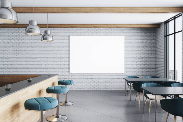 Brick bar interior from side, with chairs, lamps and blank poster on wall. Food and drink concept. 3D Rendering - Foto, Imagem