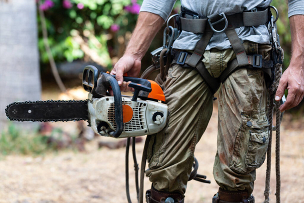 Cropped view of man with the chainsaw use safety harness and safety line working on a garden. Lumberjack with chainsaw against nature background. Concept building, contractor, repair, lumberjack. - Φωτογραφία, εικόνα