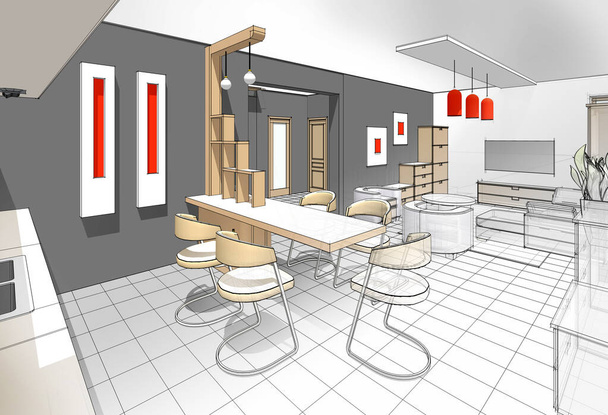  Haus architektonische Skizze Innenraum Küche Wohnzimmer 3D-Illustration - Foto, Bild