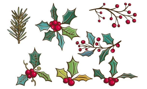 Ręcznie malowane czerwonymi jagodami i gałązkami jodły. Świąteczne kartki i zimowy design. Wysokiej jakości ilustracja - Zdjęcie, obraz