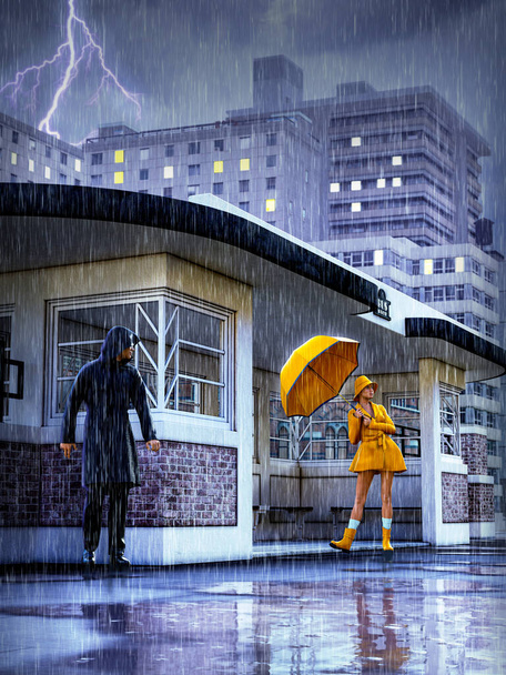 Young pretty woman in bright yellow rain coat holding an umbrella as a man watches stalking in the background at an urban bus stop, 3d render. - Photo, Image