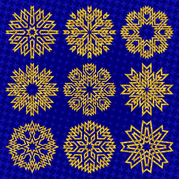 Golden glittering snowflakes on blue starry background. Winter holiday greeting card design elements. - Vector, Image