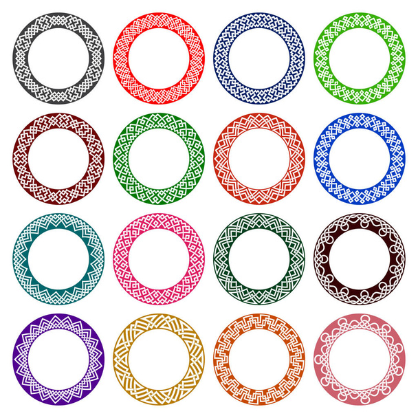 Set of circular patterns in celtic knotting style. Sixteen plates colored ornaments. Round decorative elements for design. - Vector, Image