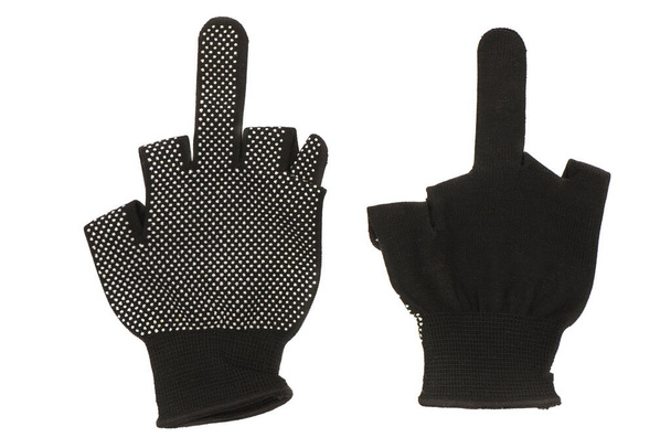 Des gants de travail noirs montrent le signe du majeur isolé sur fond blanc. Vue de dessus. Photo haute résolution. Profondeur de champ complète. - Photo, image