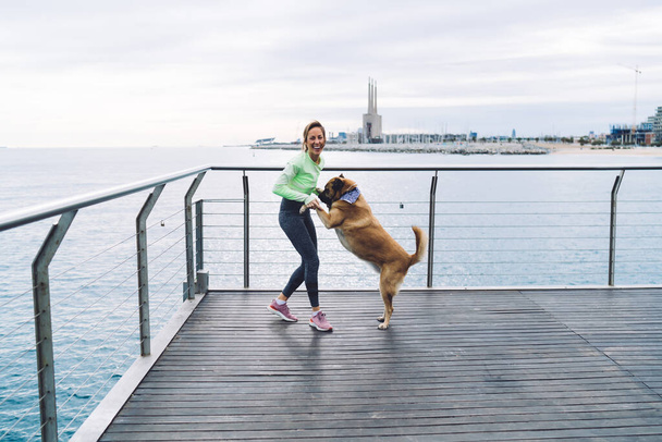 Iloinen keski-ikäinen nainen urheiluasussa hymyilee hauskaa ja leikkii koiran kanssa, joka seisoo takatassuilla puisella sillalla - Valokuva, kuva
