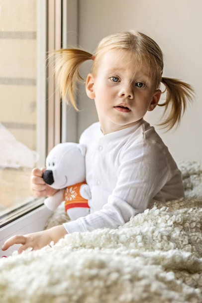 A little girl in white clothes plays with soft toys by the window. Self-isolation and quarantine content during the coronavirus pandemic in the world - 写真・画像