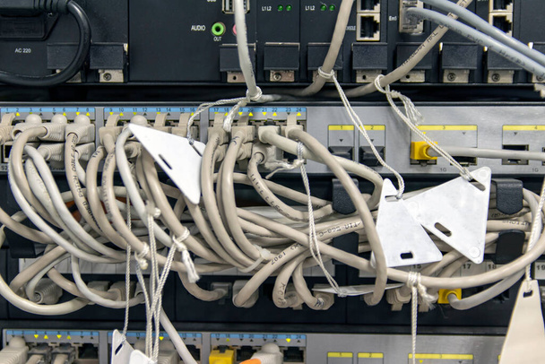 Câble réseau dans le centre de données. Transmission de données par fibre optique informatique. Concentration sélective - Photo, image
