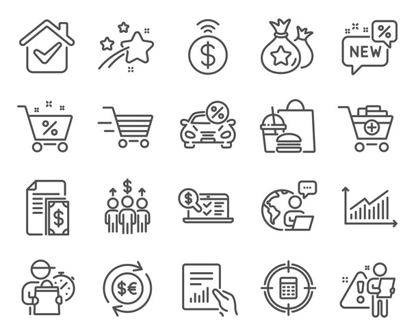 Finance icons set. Included icon as Meeting, Loan percent, Car leasing signs. Payment, Money currency, Online accounting symbols. Document, Graph, Delivery shopping. Loyalty points, New. Vector - Wektor, obraz