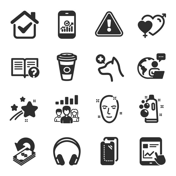 Set of Business icons, such as Takeaway coffee, Help, Headphones symbols. Smartphone glass, Male female, Clean bubbles signs. Cashback, Internet report, Health skin. Smartphone statistics. Vector - Vektor, kép
