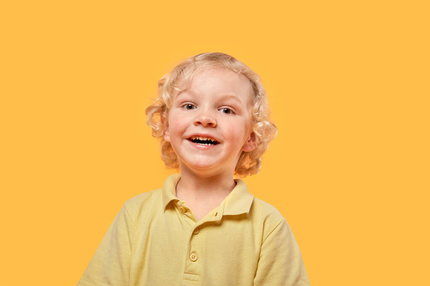 Portrait of a schoolboy on a yellow background looking at the camera. - Foto, Imagem