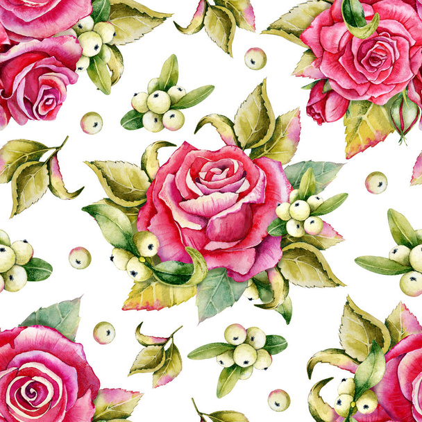 Seamless pattern with rose buds and leaves. Watercolor llustration on white background. For the design of shawl, handkerchief, weddings, dress, fabrics, wallpaper, pattern, digital paper, costume. - Photo, Image
