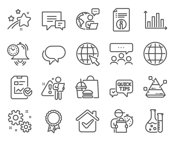 Education icons set. Included icon as Chemistry lab, Globe, Meeting signs. Internet, Diagram graph, Talk bubble symbols. Time management, Work, Report checklist. Technical info, Success. Vector - Vector, Image