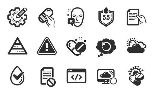 Ph neutral, Wrong file and Medical pills icons simple set. Settings gear, Seo script and Recovery data signs. Pyramid chart, Coronavirus pills and Recovery cloud symbols. Flat icons set. Vector - Vektor, kép