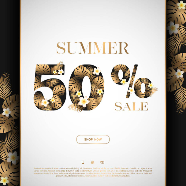 Summer 50% sale vector banner template with exotic tropical gold flowers, monstera and palm leaves. Design for advertising, promotion, flyer, invitation, poster, website, card - Vektor, obrázek