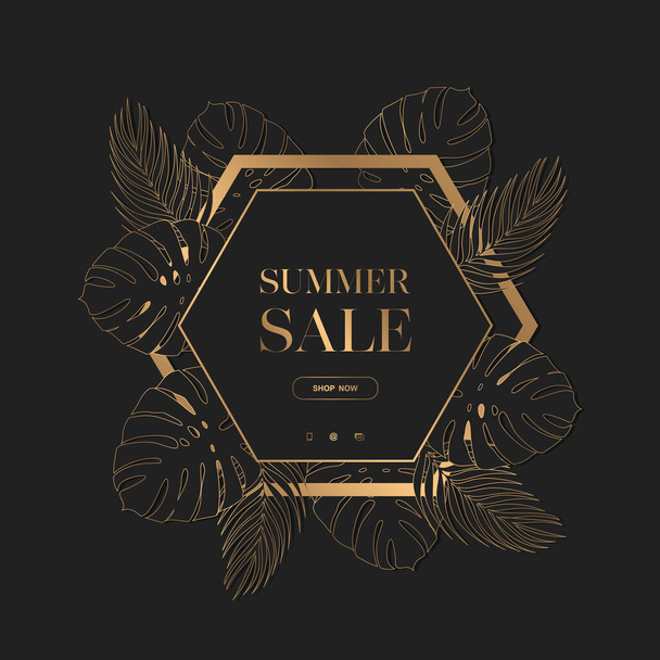 Summer sale vector banner with exotic tropical gold monstera and palm leaves on black background. Design for advertising, flyer, promotion, invitation,card, website, poster - Vector, afbeelding
