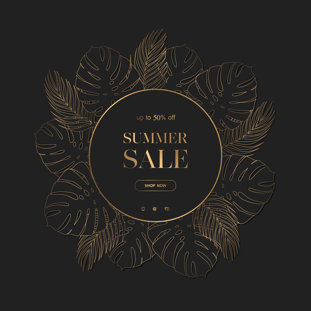 Summer sale vector round banner with exotic tropical gold monstera and palm leaves on black background. Design for advertising, promotion, flyer, invitation,card, poster, website - Vector, Imagen