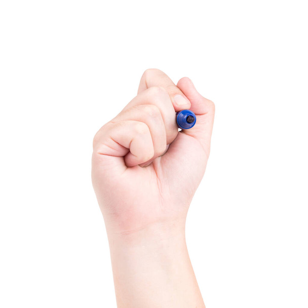 Δεξί χέρι με μπλε μαρκαδόρο απομονωμένο σε λευκό φόντο - Φωτογραφία, εικόνα