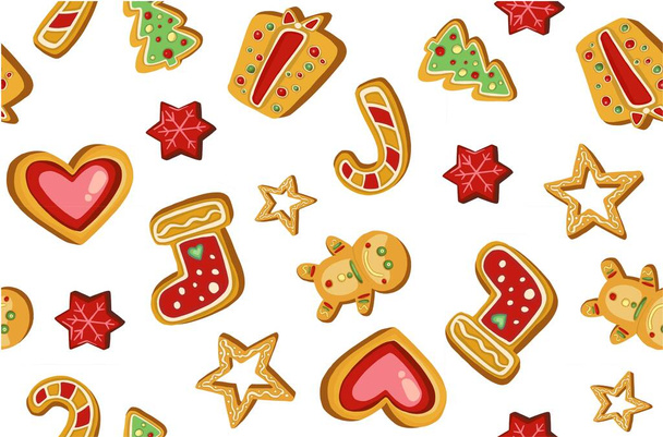 カラフルな美しいクリスマスクッキーのアイコンシームレスなパターン。甘い装飾された新年の背景-ジンジャーブレッド男スターサンタ雪フレーククリスマスツリーボールソックス.  - ベクター画像
