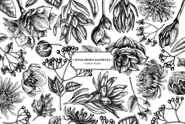 Цветочный дизайн с черно-белым viburnum, hypericum, tulip, aster, leucadendron, amaryllis - Вектор,изображение