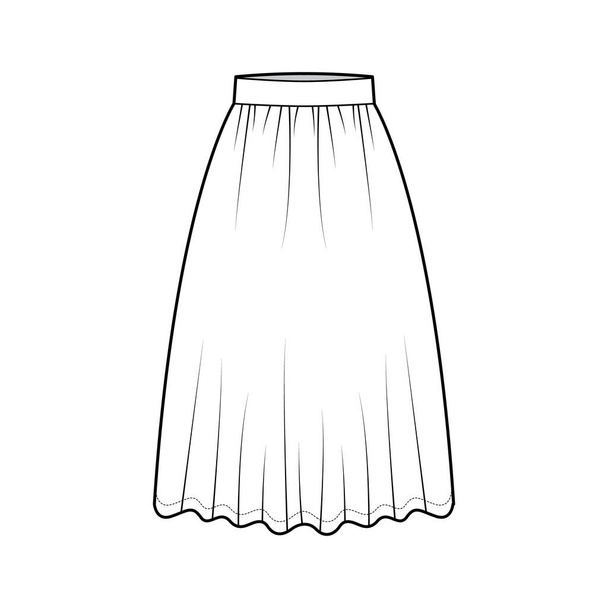 Юбка dirndl техническая модная иллюстрация с длиной ниже колена, полукруглой полнотой, толстой талией. Плоская квартира - Вектор,изображение