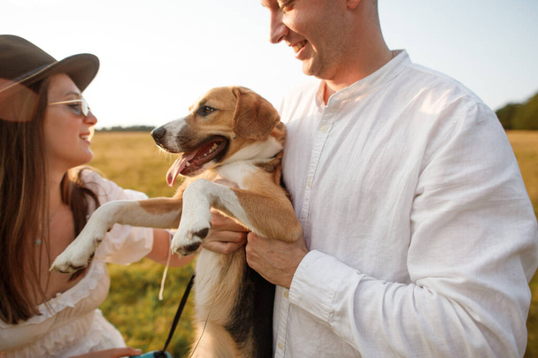 happy couple in love with a dog in a field in nature - Photo, Image