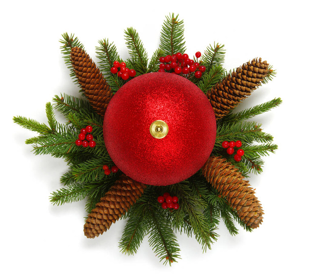 Christmas decoration baubles with branches of fir tree on white background - Fotoğraf, Görsel