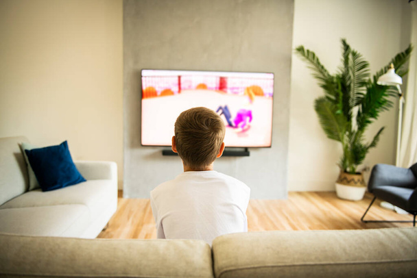 Back view image of cute boy sitting on sofa and watching TV. - Photo, image