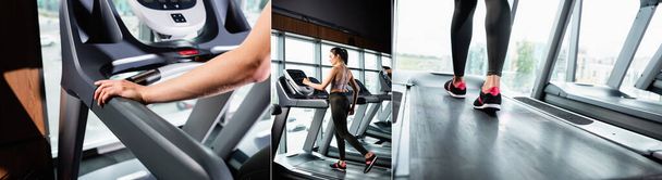 collage of young sportswoman training on treadmill in sports center, banner - Foto, immagini