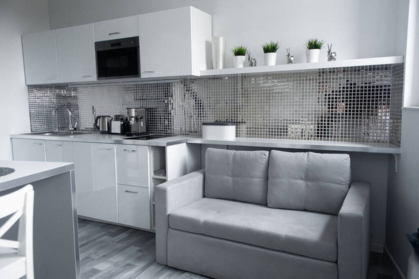Minimalistic interior of a bright small apartment. Gray sofa. - Фото, зображення