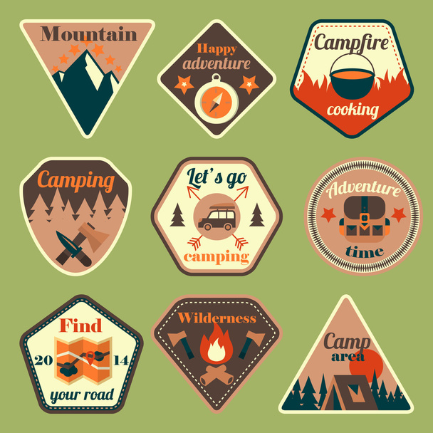 Outdoors tourism camping flat badges set - Vector, Image