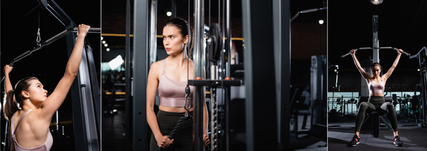 collage de deportista enojada mirando hacia otro lado mientras entrena tríceps, y haciendo ejercicio en la máquina lat en el gimnasio, pancarta - Foto, Imagen