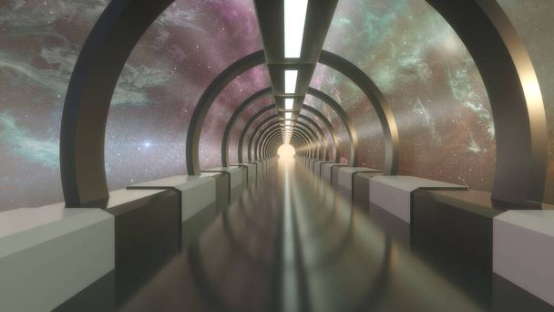 3D рендеринг. Футуристичний коридор. Концепція сучасної архітектури та космічного корабля
 - Фото, зображення