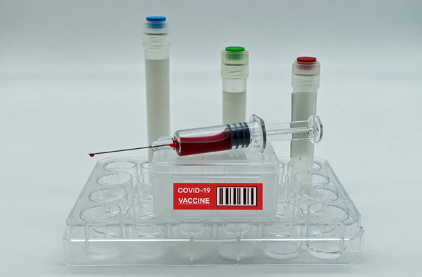 Covid-19チューブとワクチン注射器.コロナウイルスワクチンの概念。スタジオショット - 写真・画像