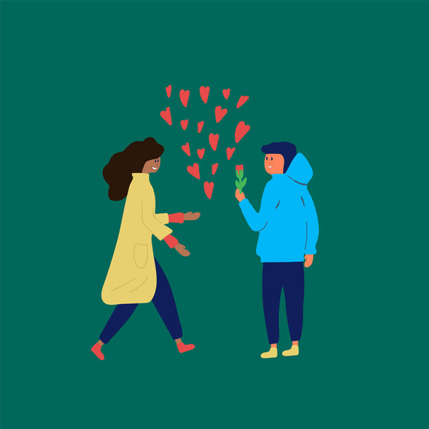 Cartoon couple in love at a meeting. Young couple together on a romantic date and a boyfriend gives the girl a flower vector illustration. A woman and a man are a charmingly beautiful couple with - Вектор, зображення