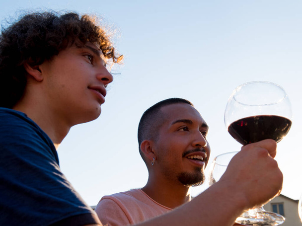Quattro ragazzi brindare con un bicchiere di vino al tramonto sulla terrazza - Foto, immagini