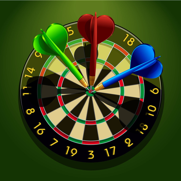 dartbord met darts in het midden - Vector, afbeelding